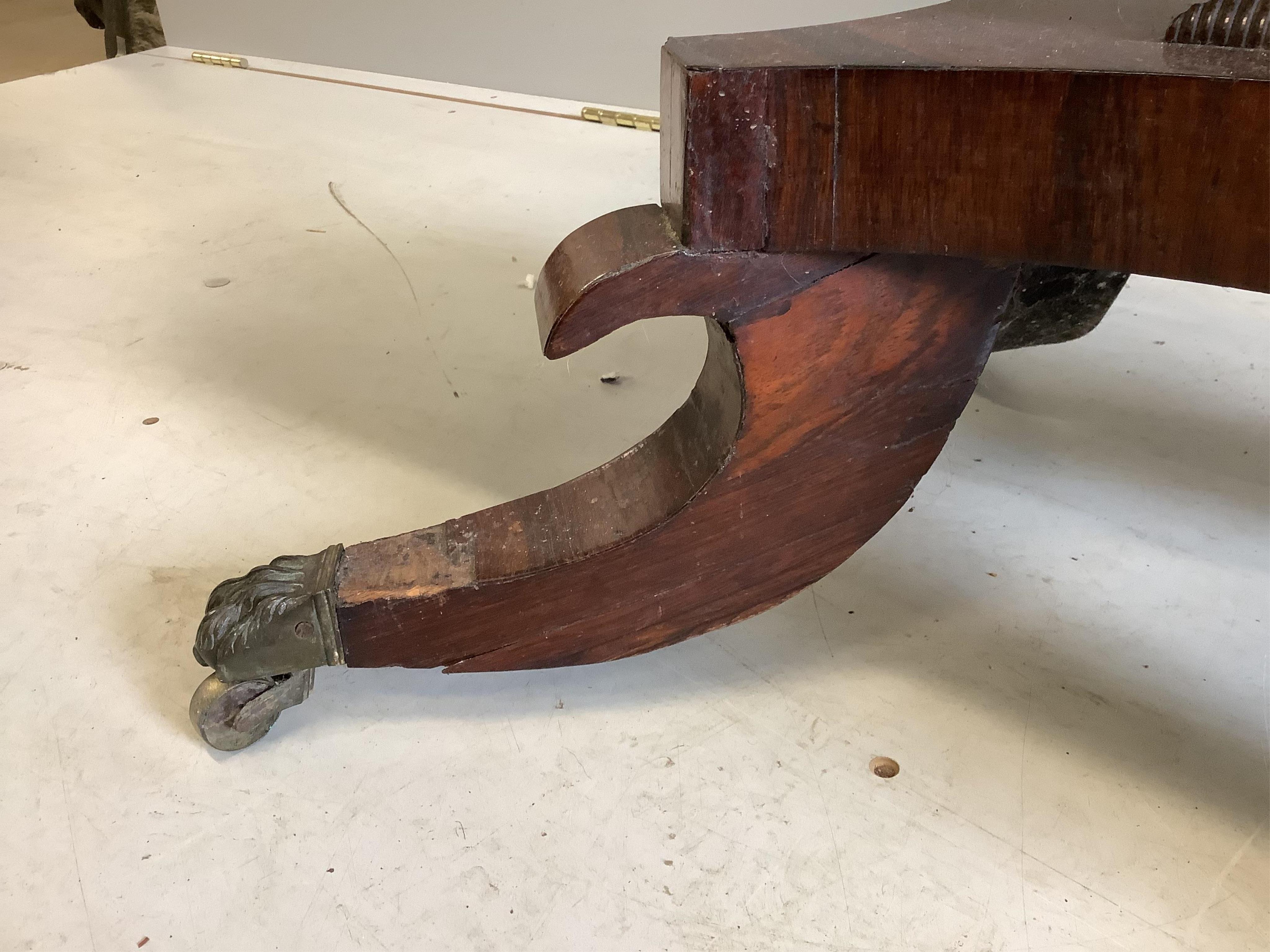 A Regency rectangular rosewood folding card table, width 91cm, depth 45cm, height 74cm. Condition - poor